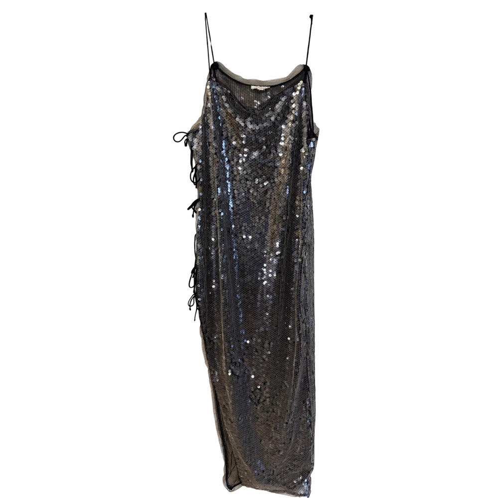 Topshop Sequin Mesh Side Tie Maxi Dress Silver US 10 Y2K Glam Festival Gown - Picture 3 of 10